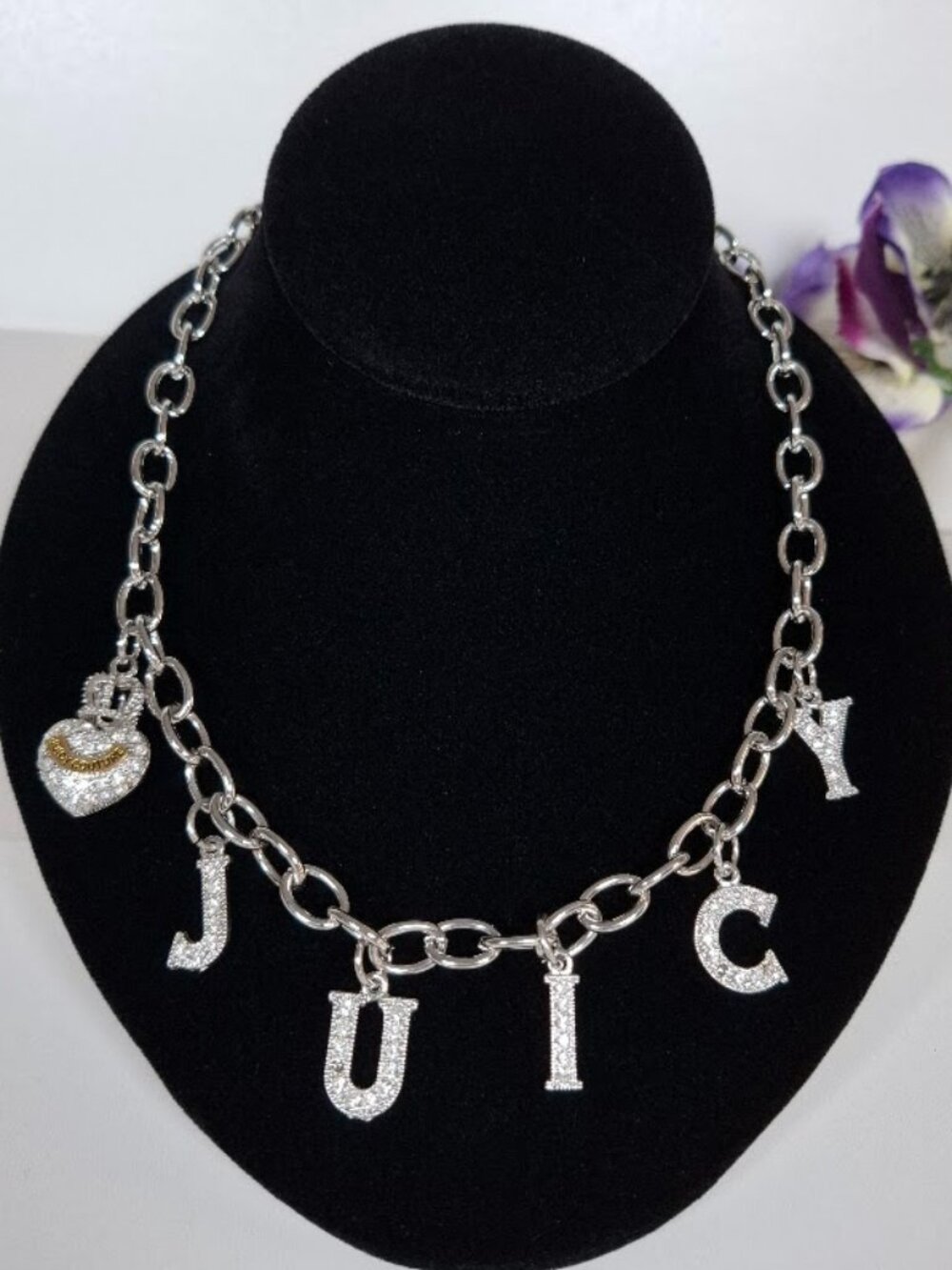Juicy Couture Silver Rhinestone JUICY Letter Heart Charm Toggle Chain Necklace